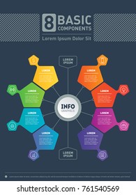 Vector infographic. 8 basic components of business, technology or education process. Business concept with 8 options. Web Template of a circle chart, diagram or presentation. Part of the report