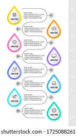 Infografía vectorial con 8 gotas e iconos. Plantilla de ocho opciones de negocio. Diseño moderno para flowchart, presentaciones, banner, diagrama, escala de tiempo. Paso a paso