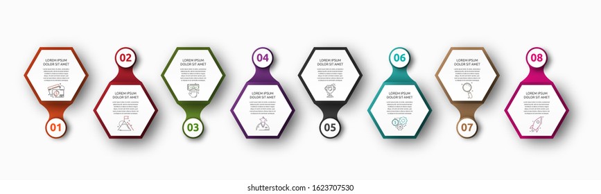 Vector infographic with 8 hexagons and circles. Used for eight diagrams, graph, flowchart, timeline, marketing, presentation. Creative business concept step by step