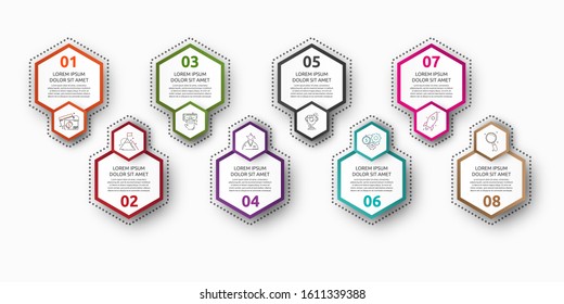 Vector infographic with 8 hexagons. Used for eight diagrams, graph, flowchart, timeline, marketing, presentation. Creative business concept step by step