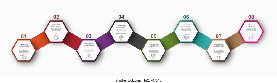 Vector infographic with 8 hexagons. Used for eight diagrams, graph, flowchart, timeline, marketing, presentation. Creative business concept step by step