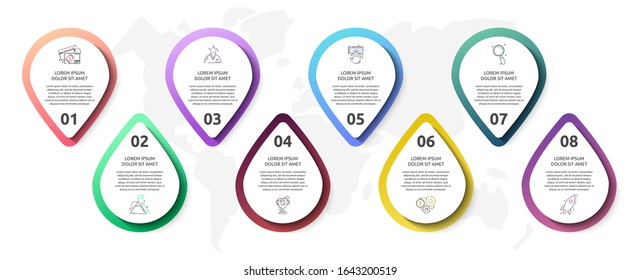 Vector infographic with 8 pins and circles. Used for eight diagrams, graphs, flowchart, timeline, marketing, presentation. Creative business concept step by step