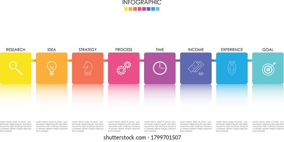 Vector infographic with 8 step colorful square elements structure with reflection. Simple and pure diagram for presentation, business concept and plan.
