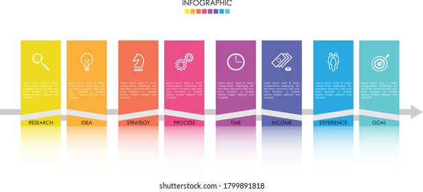 Vector infographic with 8 step colorful rectangle structure with arrow. Simple diagram for presentation, business concept and plan.