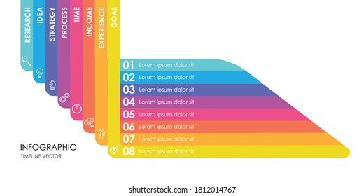 Vector infographic with 8 step in colorful rainbow structure. Rounded color connected L shapes. Simple diagram for presentation business concept.
