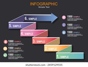 Vector infographic is an arrow ribbon with 6 sequential steps showing at work time, planning, work, education, administration, placed on or showing a timeline on a gray-black background.