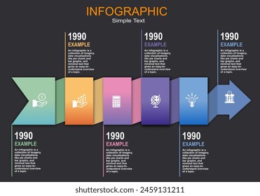 Vector infographic is an arrow ribbon with 6 sequential steps showing at work time, planning, work, education, administration, placed on or showing a timeline on a gray-black background.