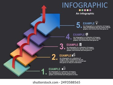 Vector infographic with arrows and steps in a modern style on a gray-black background to communicate growth, progress, planning, work steps, for educational presentations ,management and banking.