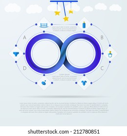 Vector infographic for baby things store with Mobius stripe. Blue infinity sign with silhouette baby things signs around. Vector infographic with Mobius ribbon and place for your text.