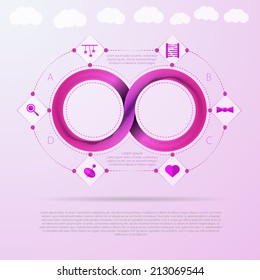 Vector infographic for baby things store with Mobius ribbon. Pink infinity sign with silhouette baby things signs around. Vector infographic with Mobius ribbon and place for your text.