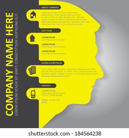 Vector infographic background with silhouette of head, contact icons and a place for text content. Can be used for brochures, posters, flyers and other prints.