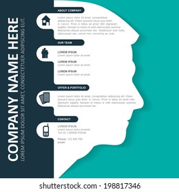 Vector infographic background with silhouette of head, contact icons and a place for text content. Can be used for brochures, posters, flyers and other prints.