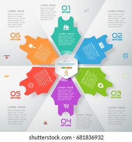 Vector infographic blue web element of color arrows and hexagon cut from paper with text, numbers and icons on the gradient gray background composed of segments.