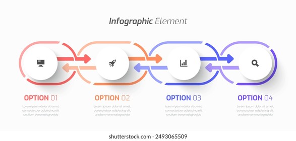 Vector Infografía Negocio con Círculo Etiqueta, Línea, Flecha, Icono, y 4 Opción para Presentación