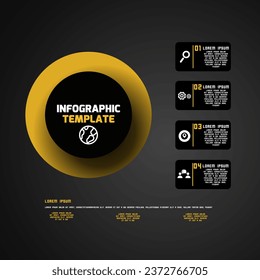 Vector infographic for business and companies with one circular object and four icons in black and yellow style