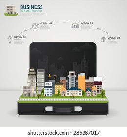Vector Infografía Concepto de negocio. maletín de negocios con el concepto de éxito brillante del globo terráqueo de la ciudad