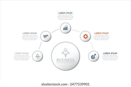 Vector infographic business presentation template with circular interconnection with 5 options.