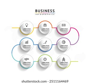 Modelo de apresentação de negócios infográfico vetorial com interconexão circular com 9 opções.