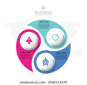 Modelo de apresentação de negócios infográfico vetorial com interconexão circular com 3 opções.