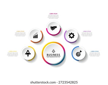 Modelo de apresentação de negócios infográfico vetorial com interconexão circular com 5 opções.