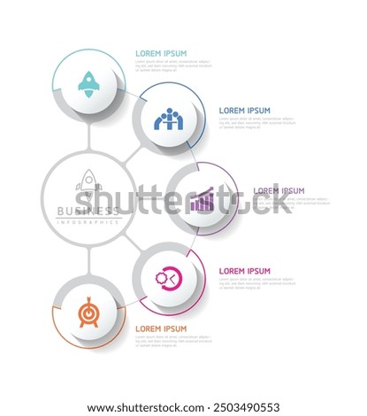 Vector infographic business presentation template with circular interconnection with 5 options.