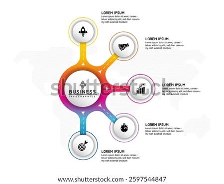 Vector infographic business presentation template with circular interconnection with 5 options.