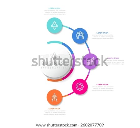 Vector infographic business presentation template with circular interconnection with 5 options.