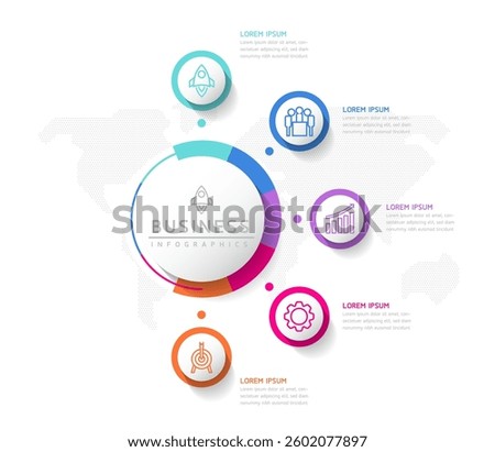 Vector infographic business presentation template with circular interconnection with 5 options.