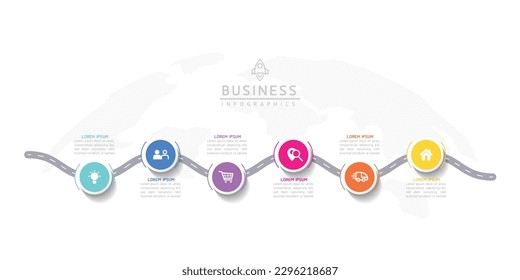 Vector infographic business presentation timeline template with circular interconnection with 6 options.