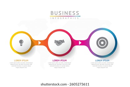 Vector infographic business presentation timeline template with circular interconnection with 3 options.