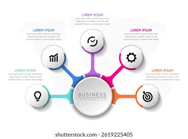 Vector infographic business presentation timeline template with circular interconnection with 5 options.