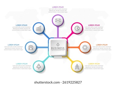 Vector infographic business presentation timeline template with circular interconnection with 7 options.