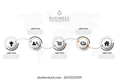 Vector infographic business presentation timeline template with circular interconnection with 5 options.