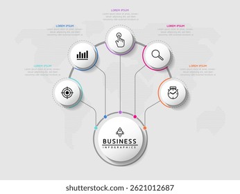 Vector infographic business presentation timeline template with circular interconnection with 5 options.
