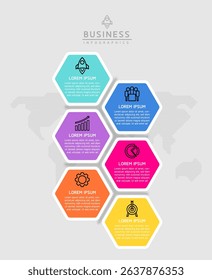 Vector infographic business presentation timeline template with circular interconnection with 6 options.
