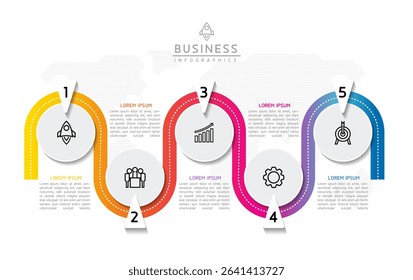 Vector infographic business presentation timeline template with circular interconnection with 5 options.
