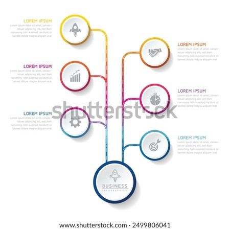Vector infographic business presentation timeline template with circular interconnection with 6 options.
