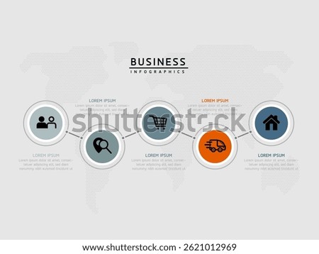 Vector infographic business presentation timeline template with circular interconnection with 5 options.