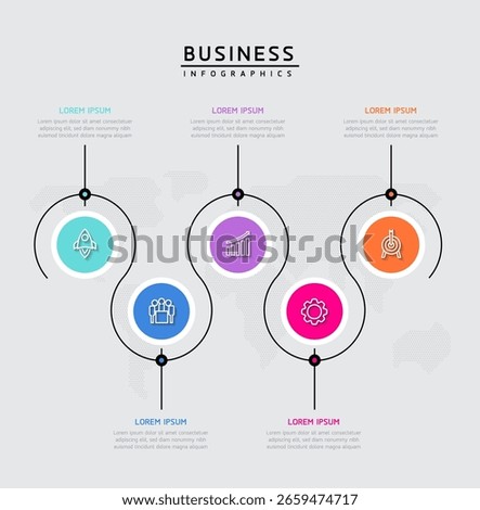 Vector infographic business presentation timeline template with circular interconnection with 5 options.