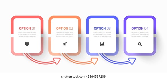 Vector Infographic Business with Rectangle Label, Arrows, Icon and 4 Options for Presentation