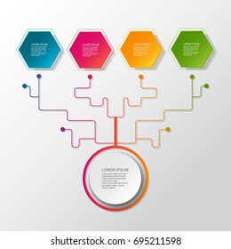 Vector infographic business tree with 3D paper label, integrated circles. Blank space for content, business, infographic, diagram. Light gray color background. Social media connection technology.