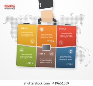 Vector infographic with businessman holding bag, briefcase. Concept with 6 processes, options, parts, steps for graphs, charts, diagrams, presentation, website layout.