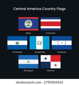 Vector infographic of Central America country flags arranged on a dark background, with labeled flag panels and clean modern design.