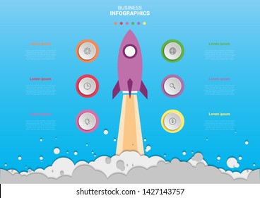 Vector infographic circle with 6 options. Business start up concept with launching rocket. Can be used for graph, cycling diagram, round chart, workflow layout, web design.