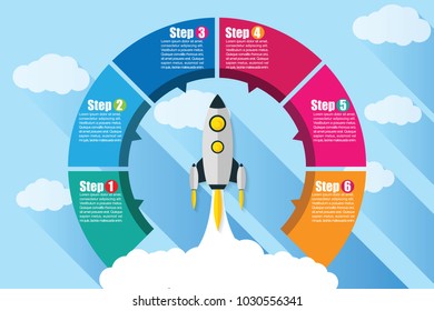 Vector infographic circle with 6 step. Business start up concept with launching rocket. illustrator Eps 10.