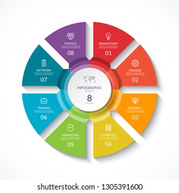 Vector infographic circle. Cycle diagram with 8 stages. Round chart that can be used for report, business analytics, data visualization and presentation.
