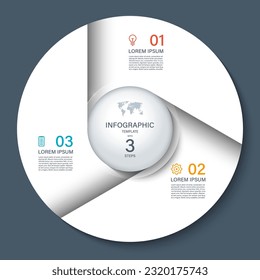 Círculo de infografía vectorial. Diagrama de ciclo con 3 pasos. Gráfico circular que se puede utilizar para informes, análisis de negocios, visualización de datos y presentación. Plantilla blanca sobre fondo oscuro.