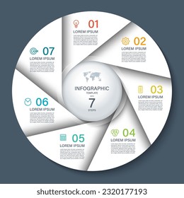 Vector infographic circle. Cycle diagram with 7 steps. Round chart that can be used for report, business analytics, data visualization and presentation. White template on dark background.