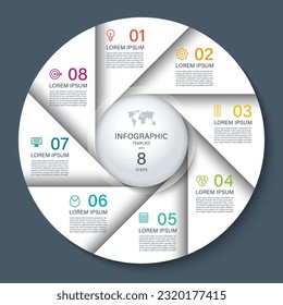 Vector infographic circle. Cycle diagram with 8 steps. Round chart that can be used for report, business analytics, data visualization and presentation. White template on dark background.