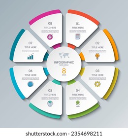Vector infographic circle. Cycle diagram with 8 steps. Round chart that can be used for report, business analytics, data visualization and presentation.